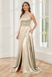 Column Halter Soft Satin Bridesmaid Dress with Pockets