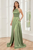 Column Halter Soft Satin Bridesmaid Dress with Pockets