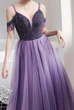 Tulle A Line Elegant Cold Shoulder Beaded Lilac Long Prom Party Dresses