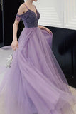 Tulle A Line Elegant Cold Shoulder Beaded Lilac Long Prom Party Dresses