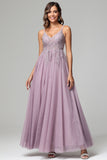 A-line Lace Appliques V-neck Tulle Dresses for Wedding Guest