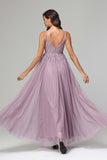 A-line Lace Appliques V-neck Tulle Dresses for Wedding Guest