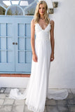 2024 Boho V-neck A-Line White Cheap Lace Chiffon Backless Sash Summer Beach Wedding Dresses