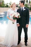 Lace A-Line Beading Ivory Scoop Chiffon Half Sleeve Floor-Length Wedding Dresses