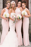 Cheap Elegant Long A-Line Halter Pink Satin Mermaid Bridesmaid Dresses