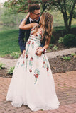 A Line Deep V Neck Ivory Lace Backless Embroidery Party Dresses Printed Prom Dresses