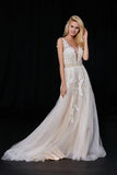 Elegant A-Line Tulle V-Neck V-Back Appliques Beads Ivory Cheap Prom Dresses