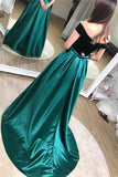 Unique A line Black And Green Long Elegant Off the Shoulder Satin Prom Dresses