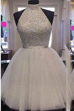 2024 Chic Halter Sexy Open Back White Beading Sleeveless Short Tulle Homecoming Dress