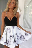 A-Line Black Spaghetti Straps White Floral Polyester V Neck Satin Homecoming Dresses