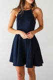 A Line Dark Navy Cute Halter High Neck Satin Short Homecoming Dress