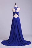 2024 Unique Dark Royal Blue Prom Dress Scoop A Line Chiffon PXEJF5JZ