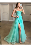 Spaghetti Straps High Slit Evening Dress Appliqued Sweep Train Long Prom SRSPK6C7A1K