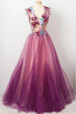 Elegant A line Burgundy Tulle Flower Prom Dresses Scoop Appliqued Party Dresses SRS15144