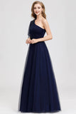 Simple A Line One Shoulder Navy Blue Tulle Prom Dresses Cheap Formal Dresses STK15382