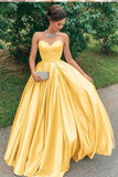 A Line Yellow Satin Prom Dresses, Strapless Sweetheart Sleeveless Party Dresses SRS15046