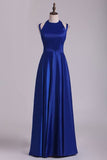 2024 Scoop Prom Dresses A Line Open Back Stretch Satin With Slit PKM2DQF1