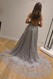 Chic A-Line Silver Backless V Neck Fashion Custom Unique Long Prom Dresses STK15130