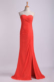 2024 Sheath/Column Prom Dresses Sweetheart Chiffon With Slit And Ruffles Floor Length