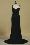 2024 Prom Dresses Sheath/Column Spaghetti Straps With Beading And Applique Spandex P6XHLCEK