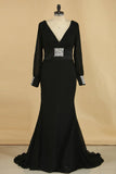 2024 Black Sweep/Brush V Neck Sheath/Column Chiffon Evening Dresses