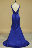 2024 Bateau Open Back Evening Dresses Mermaid Satin With Applique