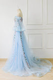 Light Blue Off the Shoulder Half Sleeve Prom Dresses, Sweetheart Evening Dress STK15238