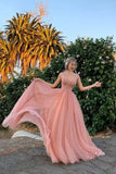 Elegant A Line Tulle Pink V Neck Beads Prom Dresses, Long Evening SRS20477