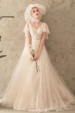 Unique Tulle Lace Long Wedding Dress Ivory Short Sleeves Lace Up Back Bridal STKPK2YQ77B