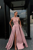 Charming High Neck Beading Satin Pink Cap Sleeves Prom Dresses with Split, Dance Dresses SRS15100