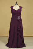 2024 Plus Size A Line Mother Of The Bride Dresses Open Back Chiffon With Beads And Ruffles Grape