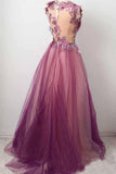 Elegant A line Burgundy Tulle Flower Prom Dresses Scoop Appliqued Party Dresses SRS15144