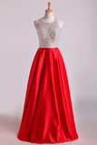 2024 Scoop Open Back Beaded Bodice A Line Prom Dresses Satin & Tulle