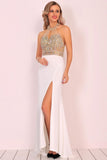 2024 Spandex Halter Beaded Bodice Mermaid Sweep Train Prom Dresses With Slit