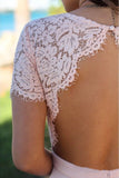 Blush Pink Sweetheart Maxi Dresses Open Back Lace Sleeve Beach Wedding Guest Dresses STK15566