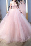 2024 Pink Ball Gown Jewel Long Sleeves Sweep/Brush Train Lace Tulle PFJFBNQK