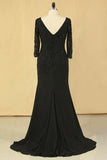 2024 Black Mother Of The Bride Dresses V Neck Chiffon With Beads 3/4 Length PGM8C2X3