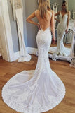 Luxurious Mermaid Lace Ivory V Neck Wedding Dresses, Backless Straps Wedding Dresses STK15522