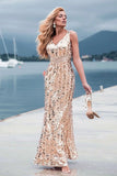 Sexy Mermaid Sequin V Neck Prom Dresses for Women V Back Pink Party Dresses STK15340