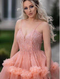 Gorgeous Ball Gown Spaghetti Straps Tulle Ruffles V Neck Prom Dresses with Sequins STK15519