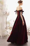 Charming A Line Long Off the Shoulder Burgundy V Neck Prom Dresses with Sweetheart STK15089