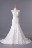 2024 New A-Line Wedding Dresses Bateau Court Train Covered Button Tulle & Lace PQ2ZJ48C