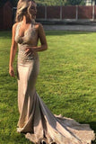 Elegant V Neck Halter Mermaid Appliques Prom Dresses with Beadding, Backless Party Dress STK15213