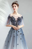 A Line Half Sleeves Tulle Long Ombre Prom Dress with Appliques Blue Evening Dresses STK15001