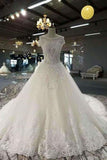 2024 Marvelous Royal Train Wedding Dresses Short Sleeves With Appliques And Sequins PBZ9AGQL