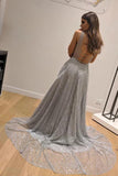 Chic A-Line Silver Backless V Neck Fashion Custom Unique Long Prom Dresses STK15130