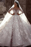 Stunning Long Sleeve Ball Gown 3D Flowers Wedding Dresses, Long Wedding Gowns STK15435