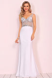 2024 Spandex V Neck Beaded Bodice Mermaid Sweep Train Prom Dresses See-Through