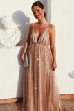 Flowy A Line Spaghetti Straps Champagne V Neck Prom Dresses with Sequins SRS15227