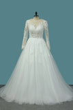 2024 Long Sleeves Scoop Tulle A Line Wedding Dresses With Applique PLM56263